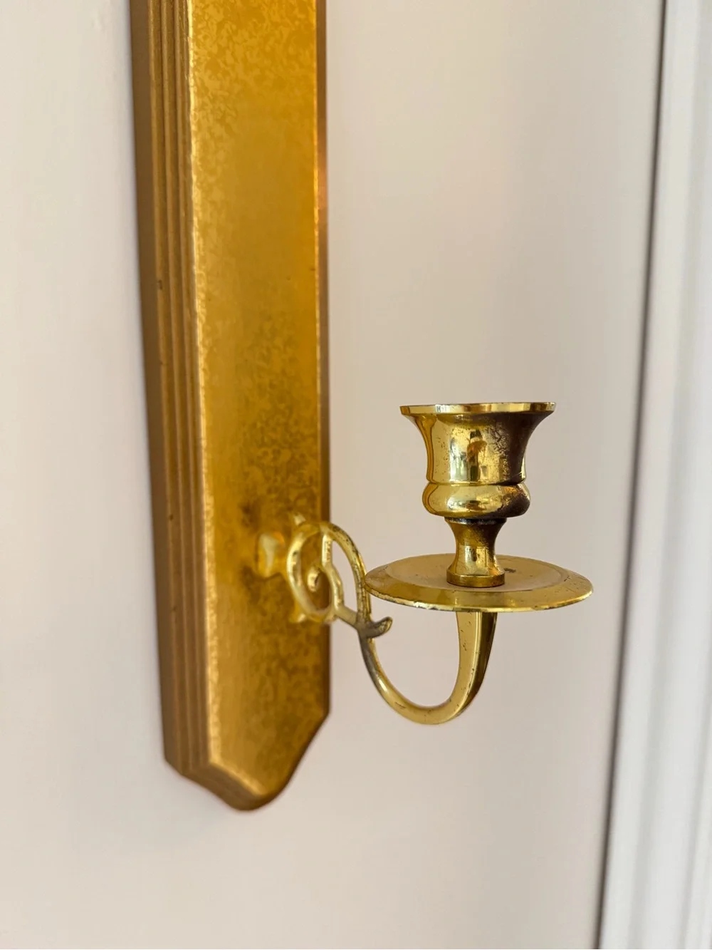 Vintage Set of 2 Home Interiors Gold Wall Scones, Wood & Brass Candle Holders